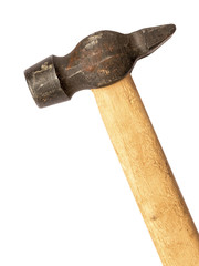 old hammer with wooden handle isolated on a white background