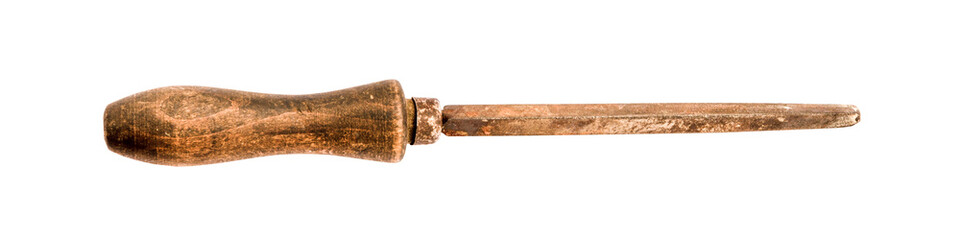 old rusty file with wooden handle isolated on a white background