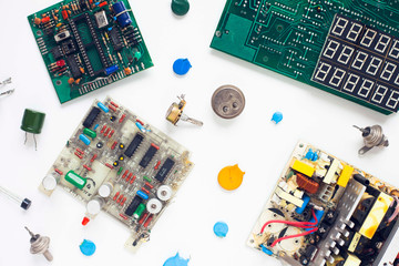 Microprocessor concept. Set of drivers, diodes, capacitors, inductance and other micro electronics...