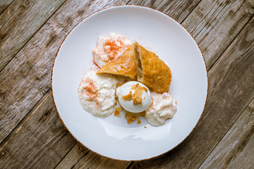 Apple strudel with ice cream