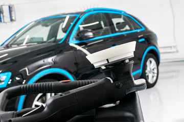 Car polish wax concept. Buffing and polishing car. Car detailing. Polish paste and tube. Polishing...