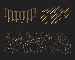 Golden star dust texture. Vector meteorite shower, falling meteors and asteroids. Glowing light sparkles in the space night sky. Isolated illustration. Lullaby starry background.