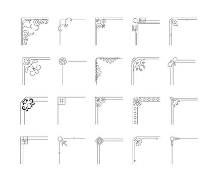 Set of design flourish borders and corners. Text decoration elements. Swirl Ink frames.