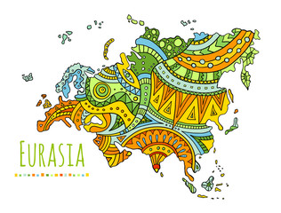 Patterned map of Eurasia. Hand-drawn doodle continent. Vector illustration.