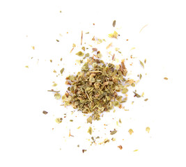 Pile of dried oregano leaves isolated on white background