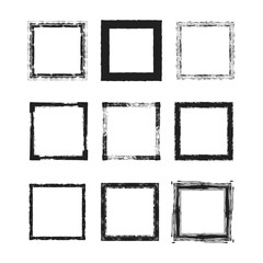 Rough grunge frames set. Square ink torn box. Japanese brush. Vector isolated illustration.