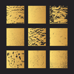 Set of rough glitter grunge textures. Golden foil background. Dirty rectangular ink torn box. Vector isolated illustration.