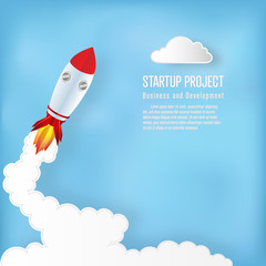 Rocket launch on the clouds and blue sky as paper art, craft style and business Startup project concept. flat design vector illustration.