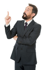 Man advisor pointing advertisement isolated on white. Business advisor manager show direction. Look at that statistics financial data. Pointing at business advertisement. Check out financial advisor