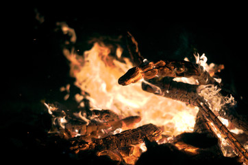 Close-up of burning wood in flames at night. 