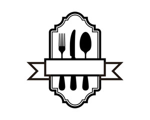 Silhouette Vector Service with Fork, Spoon and Fork on the Restaurant Banner with Ribbon Sign Symbol Logo Template Design Inspiration