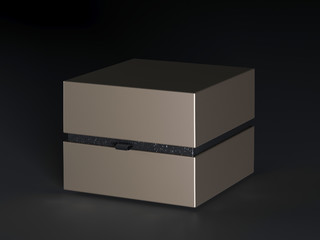 Leather gift box. Square golden box on black background. Packing for mockup. Gift box. 3d rendering.