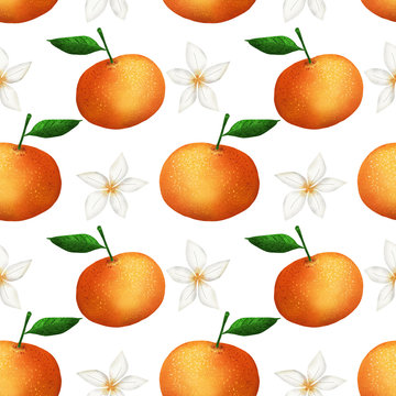 orange tangerines with a flower on a white background pattern, seamless pattern