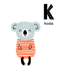 Vector poster with letter of the alphabet with cartoon koala for kids in scandinavian style