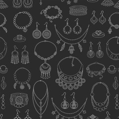 Fashionable jewelry collection vector seamless black pattern.