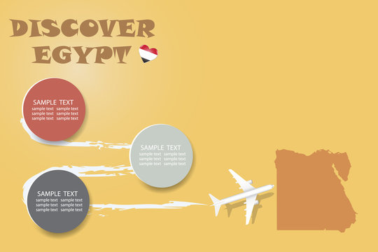 Discover Egypt blank template with an airplane flying to the map of Egypt. The vector has a place for your photos or text. It can be used for travel agencies, transportation etc. 