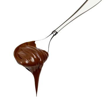 Melted chocolate spread in spoon with copy space on white background