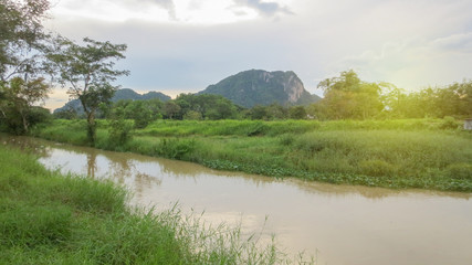 pond with bridge in local country at thailand