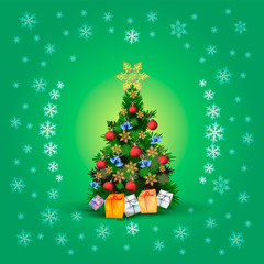 New Year or Christmas greeting card with a dressed up Christmas tree and snowflakes on a green background. Square banner.