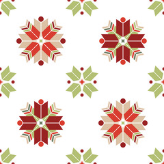 Vector seamless pattern of geometric snowflakes. Nordic pattern in Christmas traditional colors. - 231501518