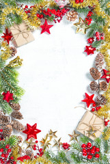 Naklejka na ściany i meble Christmas tree branches gifts stars gold red decoration
