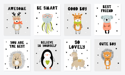 Vector poster collection with cartoon cute animal and funny slogan in scandinavian style for kids