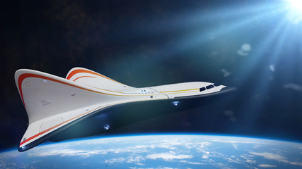 spaceship in orbit of planet Earth, shuttle in orbit of the blue planet © dottedyeti