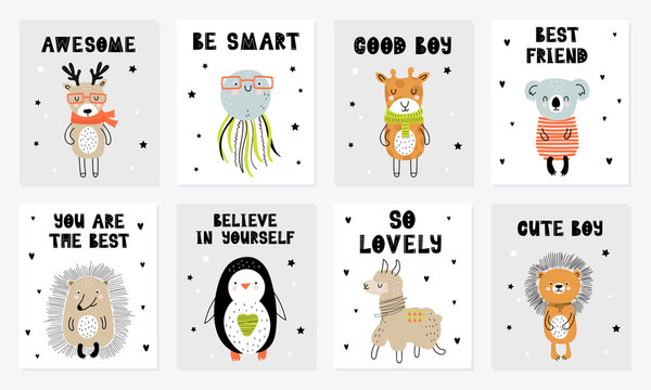 Vector poster collection with cartoon cute animal and funny slogan in scandinavian style for kids