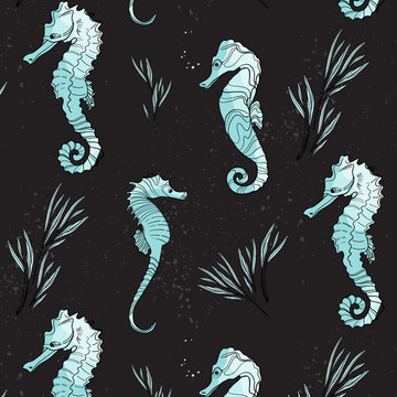Vector seahorse animals pattern. Surface cover with cute underwater marine fish. Ocean life summer background. Doodle Art.
