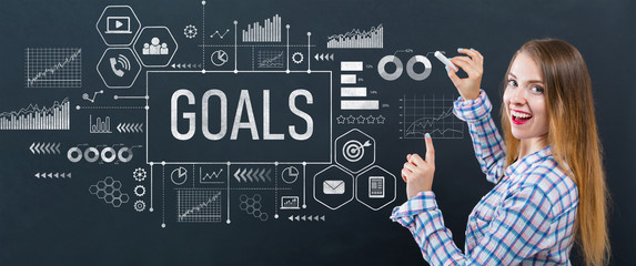 Goals with young woman writing on a blackboard