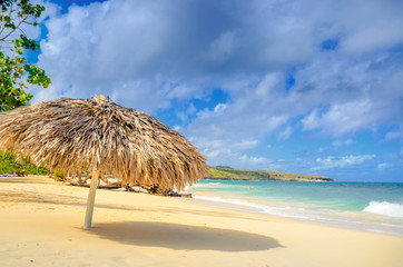 Fototapeta na wymiar beautiful white sandy beach in the Caribbean, a parasol of palm branches, clear azure water