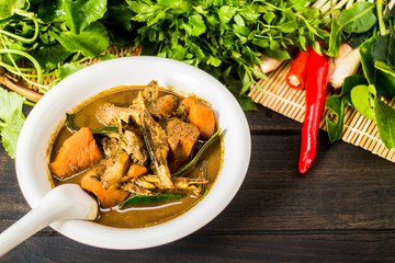 Kaeng Tai Pla: It is a curry of southern Thai cuisine. Its name is derived from tai pla, a salty sauce made from fermented fish entrails which gives the curry a strong smell and flavor.