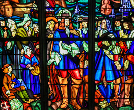 Stained Glass Of The Departure Of Pierre Boucher At La Rochelle For Quebec