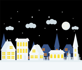 Merry Christmas and Happy New Year. A small winter city. Paper art in digital style. Vector illustration.