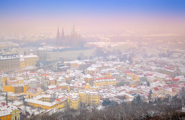 Panorama from the air of the winter city of Prague at sunset. Czech. Europe
