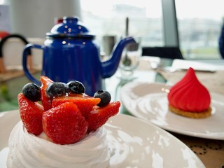 Russian traditional tea dessert berry cake with a tea