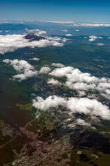 Aerial view of Mount Fuji volcano with a snow cap in Japan