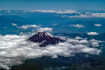 Aerial view of Mount Fuji volcano with a snow cap in Japan
