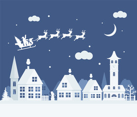 Merry Christmas and happy new year. A small town with Santa in the sky on a sleigh with deer.