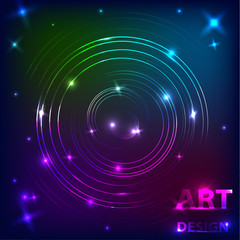 The effect of the magical shine of glowing neon rings on a dark background. Music design. Vector illustration.