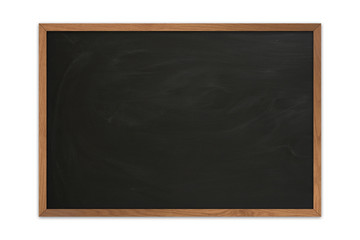 Black chalkboard with wooden frame on isolated white background composition