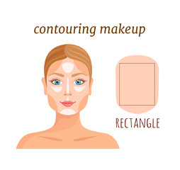 Contouring tutorial for rectangle face. Makeup applying rules. Vector template. Darkening and lightening of the face.