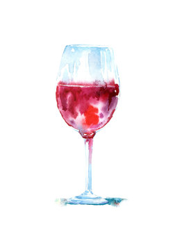 Glass of a red wine.Picture of a alcoholic drink.Watercolor hand drawn illustration.White background.


