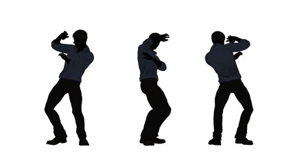 people silhouette - man afraid - 3 diferent views - isolated on white background