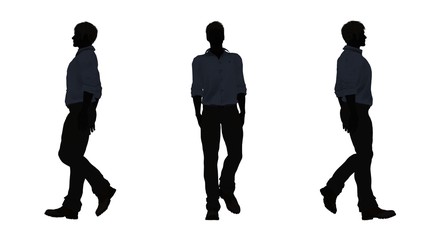 people silhouette - man goes - 3 diferent views - isolated on white background