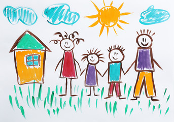 Naklejka premium Colorful children painting of happy family on white background