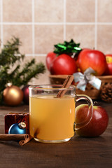 closeup mulled spiced apple cider with cinnamon stick