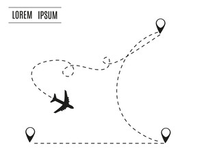 Airplane is in a dotted line. The waypoint is for a tourist trip. Vector illustration on a yellow background. Tourism and travel.