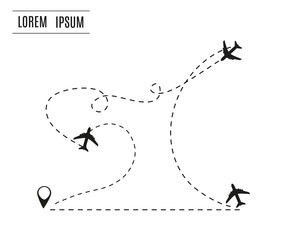 Airplane is in a dotted line. The waypoint is for a tourist trip. Vector illustration on a yellow background. Tourism and travel.