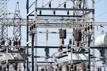 The electrical substation consisting of transformer for measurement of electric voltage, disconnect...